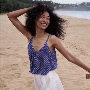 RARE ☀️Doen Womens Nalina Bord De Mer Sleeveless Floral Printed Blouse Top Blue